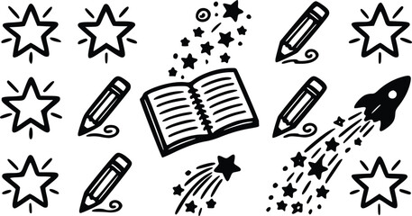 Doodle vector illustration set featuring open notebook pencil icons stars and a rocket ship for creative education design projects © Arun