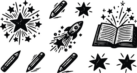 Rocket ship and open book vector illustration set featuring hand drawn stars and pencils for creative education design projects © Arun
