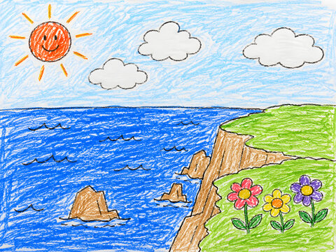 Child crayon drawing of sun sea cliff and colorful flowers