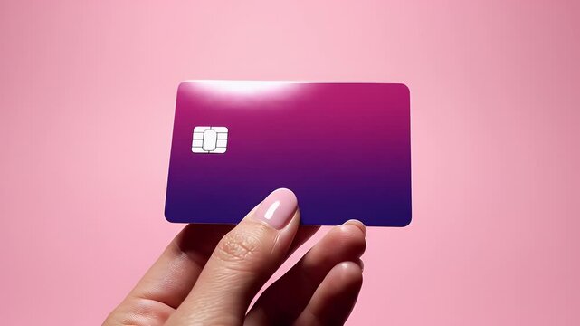 A hand with a pink-manicured nail holds a blank credit card with a purple and white gradient