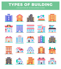 Naklejka premium Flat illustrations of diverse building icons arranged in a grid. Vector graphic collection for architecture. urban planning. or real estate.