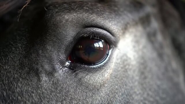 Close-Up of a Horse's Eye Blinking Calmly, Showcasing Fine Eyelashes and Serenity in Nature