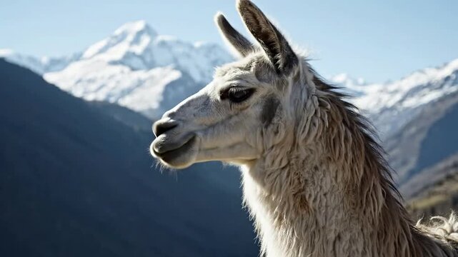Close-Up Of A Llama's Profile Against A Majestic Mountain Backdrop With Blurred Scenery In Peru