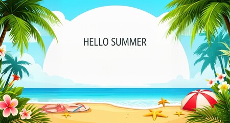 Obraz premium Summer greeting vector background. Hello summer text in empty space for tropical season greeting. Vector illustration summer holidays template. 