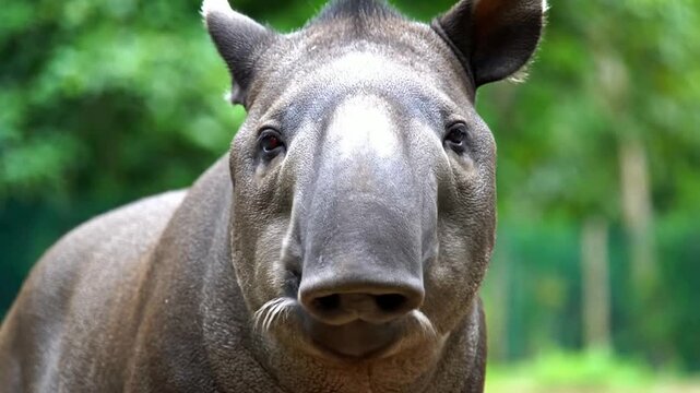 Close-Up Of A Tapir Sniffing The Camera With Its Unique Snout In A Lush Green Forest Environment