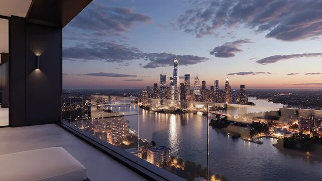 Luxury apartment balcony overlooking a city skyline at twilight