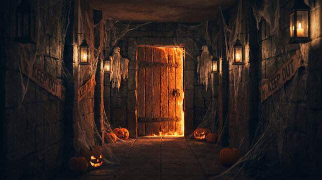 Halloween scary dungeon hall with glowing door, jack o' lanterns, ghosts, and keep out signs creating spooky atmosphere