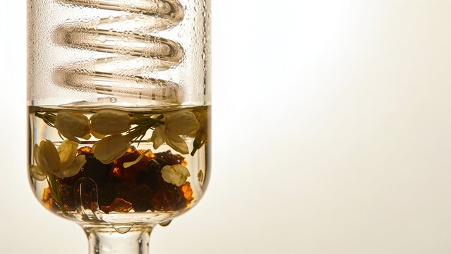 Glass distillation column with jasmine flowers, botanicals, condensation