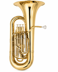 Obraz premium Polished brass tuba isolated on white background with shiny musical instrument details 