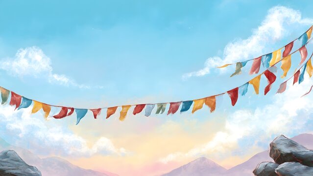 Colorful Tibetan prayer flags fluttering over a mountain landscape background