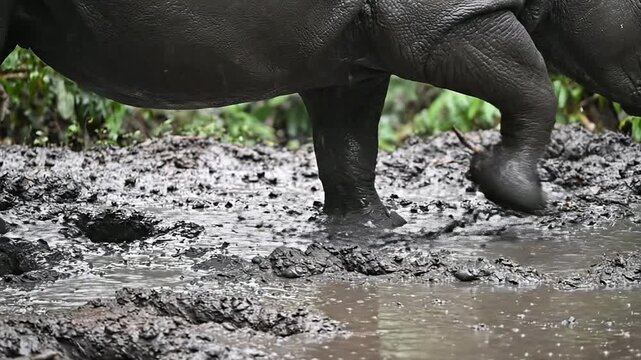 Close-Up Of Javan Rhinoceros Hooves Pressing Into Wet Mud, Showcasing Wildlife In Natural Habitat With Rich Soil Details