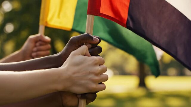 Diverse hands holding colorful flags in park outdoors, unity and diversity concept