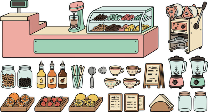 Bubble tea shop equipment vector illustration featuring counter, blender, shaker machine, tapioca pearls, syrup bottles, fruit toppings, menus, and cute cafe elements for restaurant branding design.