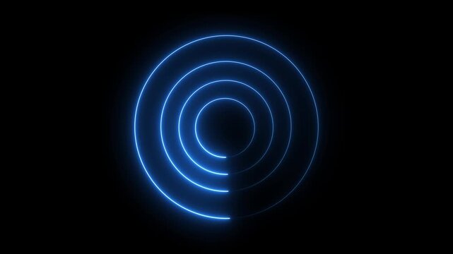 Abstract neon glowing circles loading animation, digital technology concept, futuristic light rings on black background