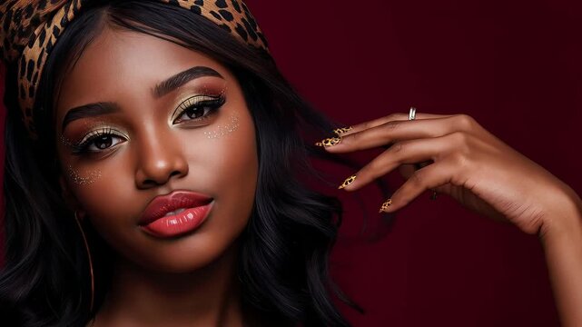 Close-up of a beautiful African American model's face, leopard print on a dark background, slow motion