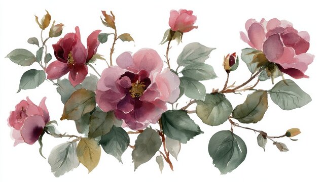 Soft pink and burgundy rose study in watercolor with foliage and bud details on white background
