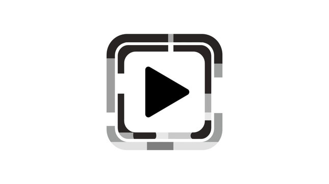 Video play button icon in black and white geometric frame