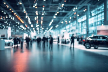 Fototapeta premium Soft-focused trade show scene with vehicles on display in a bustling exhibition hall