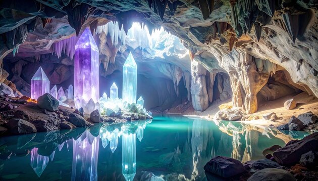 Mystical turquoise waterfall cascading through ancient cave.