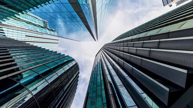 Rotating motion time lapse view of looking directly up at the skyline of the financial district in central London with clouds passing by, modern architecture as a background