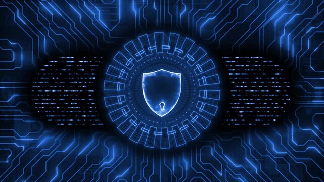 Royal blue  color data transfer rotating HUD animation with cyber security data protection glowing 3d shield hi tech design black technology background