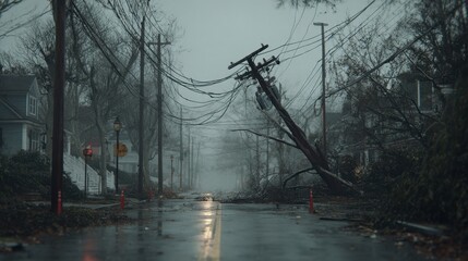 Fototapeta premium Storm aftermath on a rain-soaked road: downed tree across power lines and a transformer