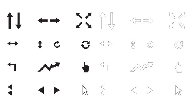 Comprehensive pack of black and white arrow icons for application interface navigation.