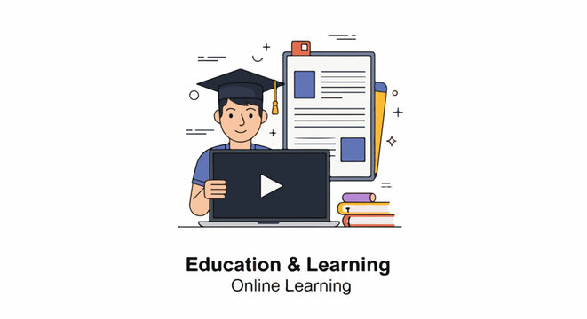 A cartoon man in a graduation cap holds a laptop with a play button