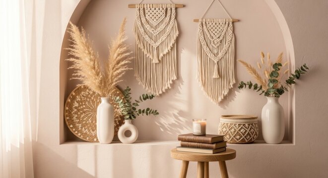 Bohemian interior decor with macrame and pampas grass vases.