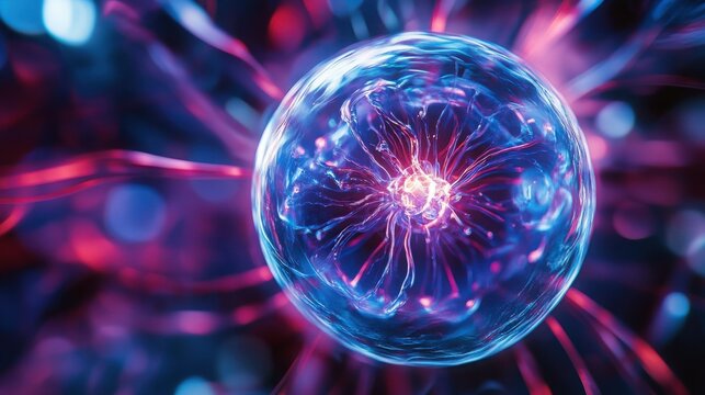 Energy sphere glows with vibrant purple and blue electric currents pulsing inside a dark abstract environment.