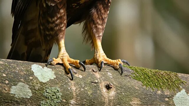 Close-Up View Of A Javan Hawk-Eagle Lifting A Foot And Flexing Its Talons While Perched On A Tree Branch, Showcasing Natural Beauty And Wildlife Elegance