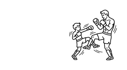 Obraz premium A black and white line art illustration of a child sparring with an adult boxer.