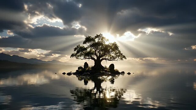 Solitary tree emerges from island on calm water, sunbeams through clouds