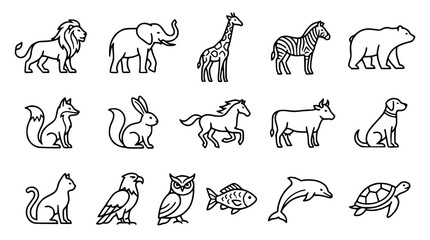 Obraz premium Minimalist wild and domestic animals linear icon set featuring various fauna mammals birds and marine life vectors