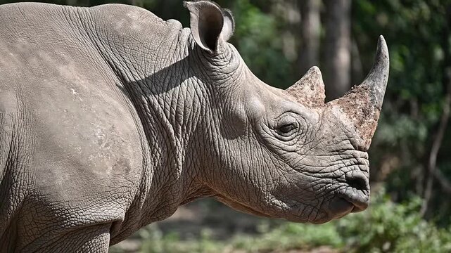 Close-Up View of Javan Rhinoceros Displaying Unique Neck Folds and Prominent Horns in Forest Environment with Blurred Greenery Background
