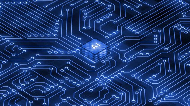 Royal blue  color microchip glowing big data transfer hi tech design loopable black technology background