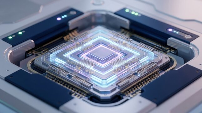 Close-up of high tech microprocessor chip with glowing circuits and advanced technology design