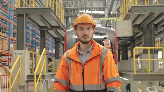 Thoughtful Warehouse Worker Examines Electric Train Equipment Amidst Industrial Machinery and Shelving Units within Brightly Lit Factory Environment, Wearing an Orange Safety Vest.