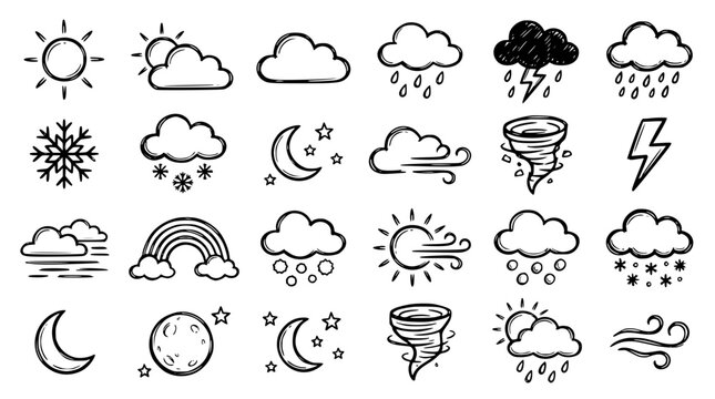 Meteorology weather forecast line icon set featuring sunny sun cloudy storm rain snow lightning moon and rainbow doodle vector elements