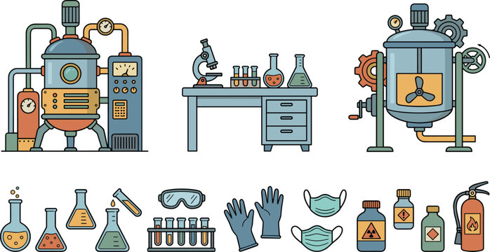 Chemical manufacturing plant vector illustration kit with bioreactor processing machinery laboratory workbench and safety icons for industrial website layout.