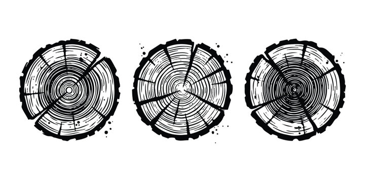 Three black and white tree rings cross section icons showing wood grain texture