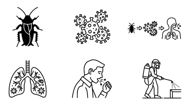Pest control and health risk icon set with cockroach virus transmission respiratory infection lung disease and fumigation worker elements