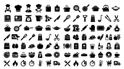 Ultimate kitchen utensils cooking tools and restaurant food preparation solid glyph mega icons pack set vector collection