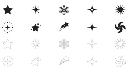 Fototapeta premium Set of black flat and outline star and sparkle icons isolated on transparent background.