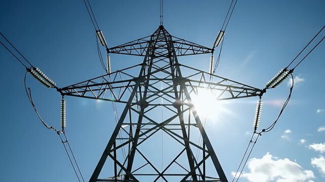 A towering metal electricity pylon against a clear blue sky with sun flares