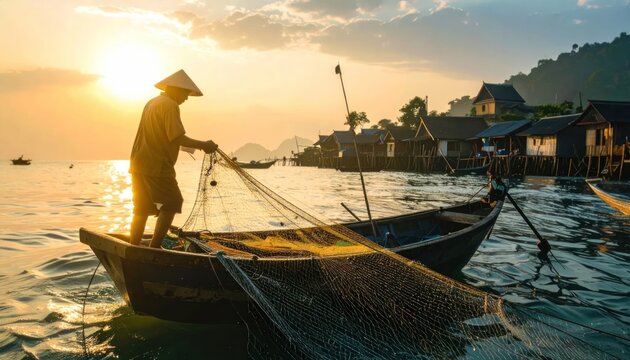 Silhouette of fisherman casting net from boat at sunrise.