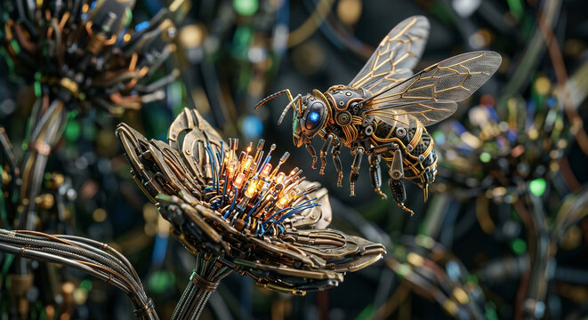 Extreme Macro of a Futuristic Cybernetic Robotic Bee Hovering Over a Glowing Mechanical Flower