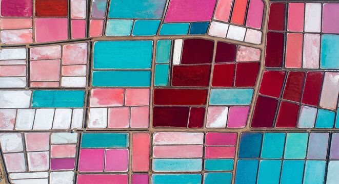 Aerial View of Vibrant Colorful Salt Evaporation Ponds