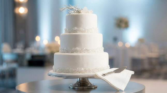 Three-tiered white wedding cake with winter wedding border crystal decorations on stand, holiday celebration and catering service