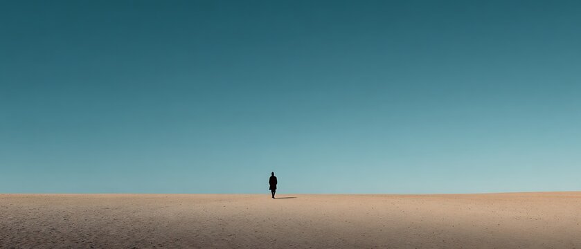 Minimalist landscape with a lone figure walking towards the horizon under a vast, clear sky.